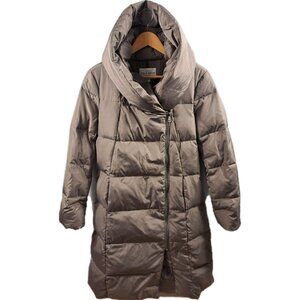 Cole Haan Down Puffer Coat M Brown Quilted Maxi Signature Hooded Full Length Zip